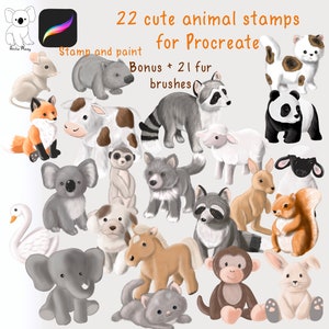 Selos Procreate - 22 selos de animais fofos para usar no IPad - convites, convites, impressão de cartões comemorativos, animal de brinquedo + pincéis de pelo bônus