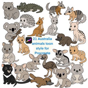 Pode incluir: Ilustração de 21 animais australianos em estilo cartoon, incluindo um wombat, um crocodilo, um coala, um canguru e um ornitorrinco. A imagem inclui o texto "21 Australia animals toon style for Procreate". Os animais são de várias cores.
