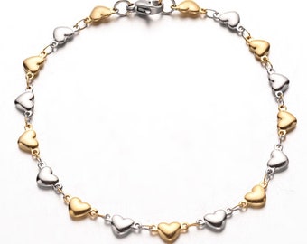 RVS hartjesarmband, hartjesarmband, cadeau voor haar, zilveren en gouden RVS armband, zilver/zilveren en gouden armband