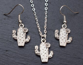 Cactus oorbellen, Cactus ketting, Tibetaans zilveren oorbellen, Cactus hanger, Hanger oorbellen set