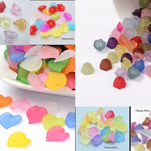 Può includere: Una collezione di perline in acrilico assortite in varie forme, tra cui foglie, fiori e cuori. Le perline presentano una finitura traslucida e satinata e sono disponibili in un ampio spettro di colori vivaci come rosso, blu, giallo, verde e rosa.