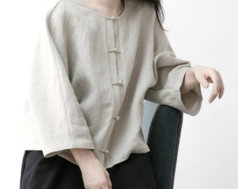 22903---Heavy Weight Flax Linen Chinese Blouse, Linen Shirt Jacket, Handmade by OOZZ