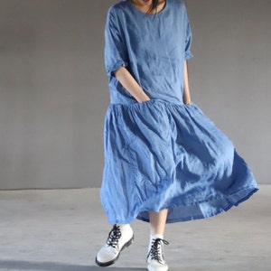 22132Blue High Count Printed Star Linen Dress / Low Waist Linen Maxi Dress, Summer Linen Dress, Long Linen Dress Loose Fit. image 1