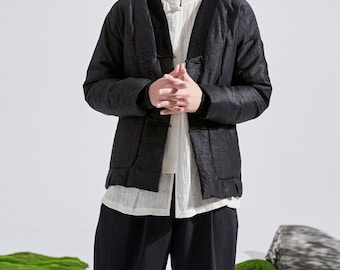 22322---Men's Cracked Mud Silk Down Jacket, Gambiered Silk Short Chinese Coat, Handmade by OOZZ