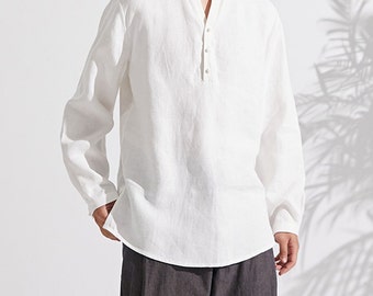 22335---Camicia da uomo in lino lavato, camicia cinese in lino bianco, realizzata a mano da OOZZ
