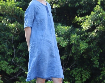 22131---Blue High Count Printed Linen Pintucked Neckline A-line Tunic Dress / Tunic Top, Made to Order.