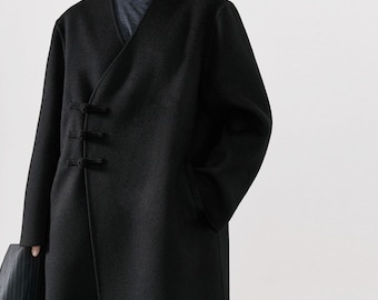 22231---Ripple Double-faced Wool Chinese Coat in Black Color, Women's Winter Wool Coat, Handmade by OOZZ