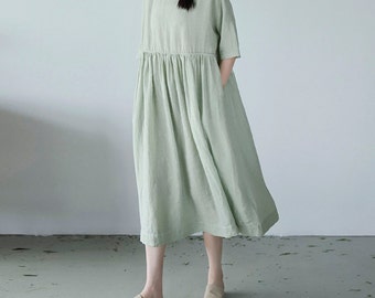23215---Thin Linen High Waist Dress in Mint Green, Handmade by OOZZ