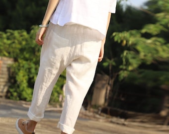 22111---Women's Heavy Weight Pre-washed Linen Cropped Harem Pants in Off-white Color, Handmade by OOZZ