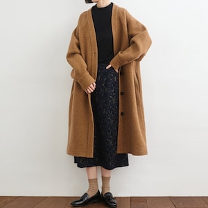 22602---Loose Boiled Wool V-neck Long Coat in Camel Color, Handmade by OOZZ