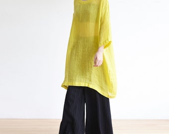 23401 --- Haut tunique ample vaporeux pour femme en jaune, robe tunique en lin, tunique surdimensionnée, tunique pour femme, tunique grande taille, tuniques en lin pour femme