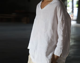 22125---White Linen Kimono inspired Blouse, V-neck Linen Top, Loose Linen Shirt,  Washed Linen Tee, Linen Top For Women, V Neck Top