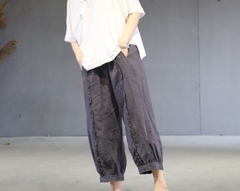 22117---Gray Ruffle Linen Crop Pants, Lattern Pants / Trousers , Linen Trousers, Summer Linen Pants, Made to Order.