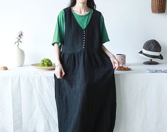 23218---Women's Crinkled Ramie Sleeveless Dress in Black Color, Girl's V-neck Tank Dress, Handmade by OOZZ