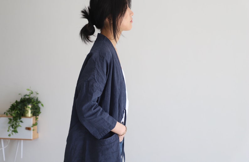 22144Heavy Weight Ramie Kimono Jacket / Blazer in Navy Blue Color, Handmade by OOZZ image 5