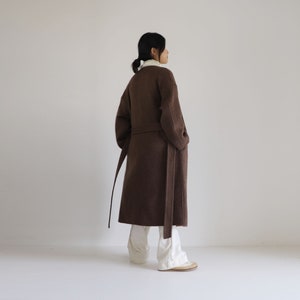 22159Multi-way Double-faced Alpaca Coat with Detachable Collar, Deep V-neck Premium Wool Coat, Women's Brown Winter Wool Coat image 8