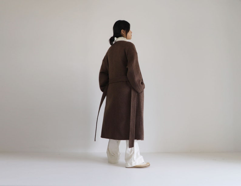 22159Multi-way Double-faced Alpaca Coat with Detachable Collar, Deep V-neck Premium Wool Coat, Women's Brown Winter Wool Coat image 8