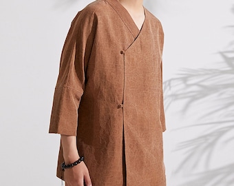 22309---Camisa de seda con mangas 3/4 para hombre, estilo cheongsam modificado, Hanfu chino para maestros, artistas y arquitectos, regalo para él