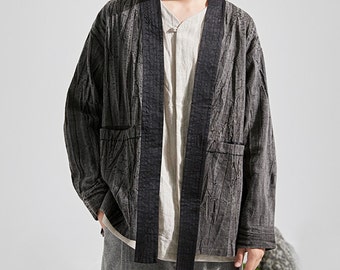 22311---Men's Crinkled Mud Dyed Linen Kimono Jacket, Hanfu Jacket, Handmade by OOZZ