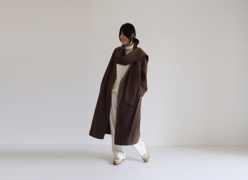 22159Multi-way Double-faced Alpaca Coat with Detachable Collar, Deep V-neck Premium Wool Coat, Women's Brown Winter Wool Coat image 9