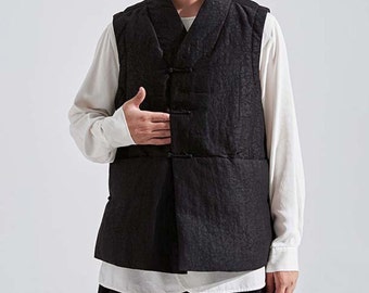 22328---Men's Cracked Mud Silk Down Vest, Gambiered Silk Han Fu Down Waistcoat, Handmade by OOZZ