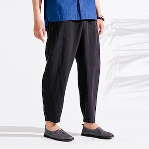 22315---Men&#39;s Black Linen Tapered Pants,  Linen Trousers, Handmade by OOZZ
