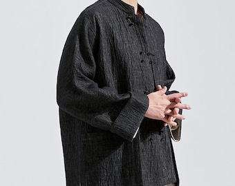 22344---Men's Blue Cotton Linen Blend Chinese Jacket in Black,  Spring/ Fall Cheongsam Jacket, Handmade by OOZZ