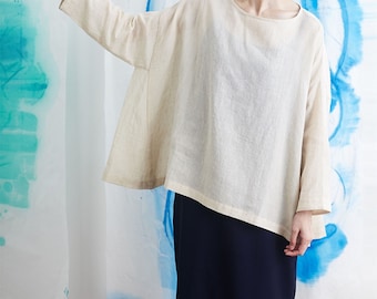 23403---Women's Oversized Washed Linen Blouse / Tunic Top in Beige Color, One Size Fits All, Made by OOZZ