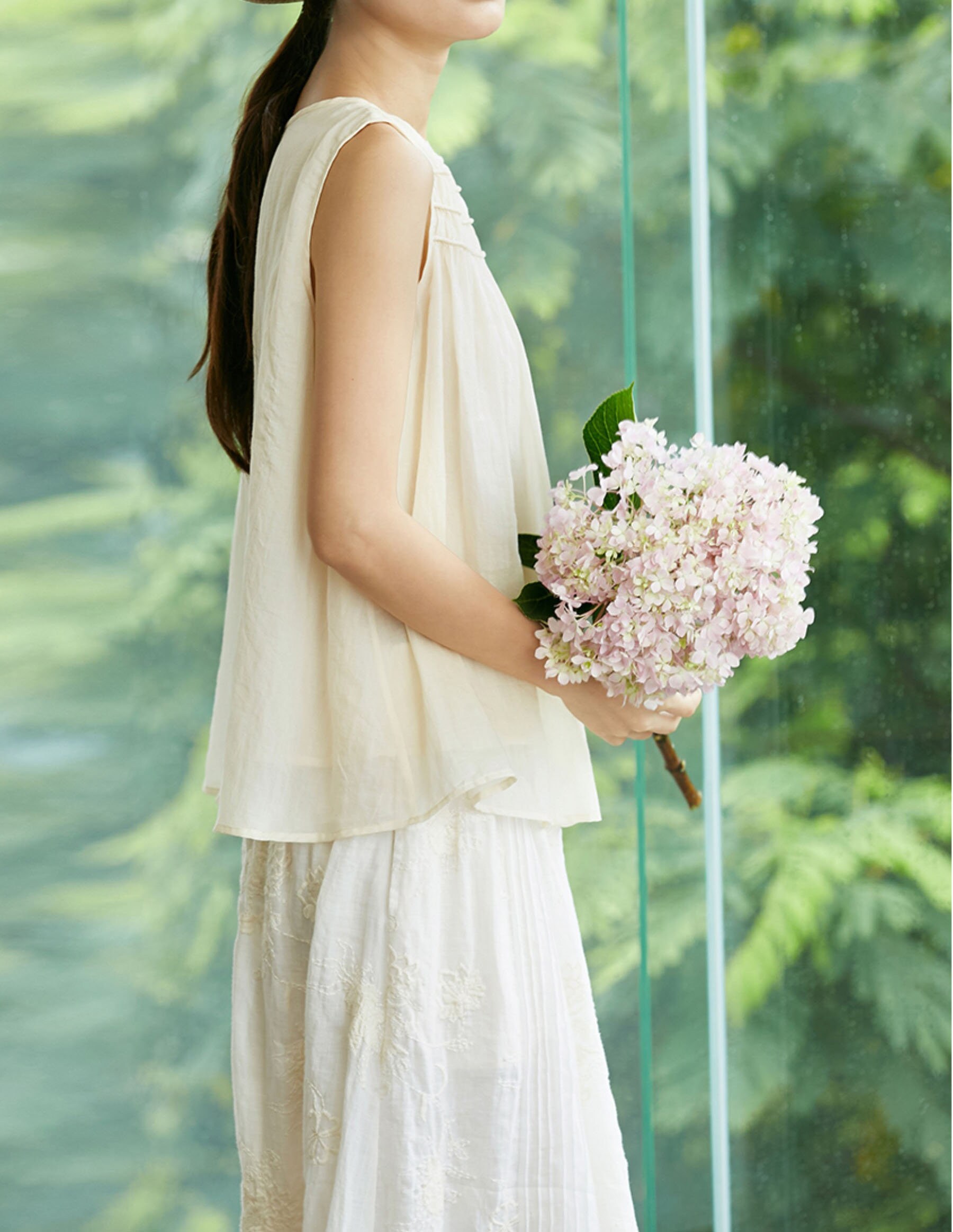 23611--- Women's Cotton Viole Gathered Tank Top in Cream White
