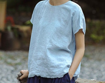 23310---Thin Linen Summer Top in Baby Blue, Linen T, Linen T-shirt, Handmade by OOZZ