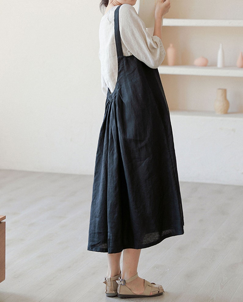 23222Women's Linen Pleated Overall Dress, Pinafore Dress in Black, Women's Summer Linen Apron Dress, Handmade by OOZZ image 7