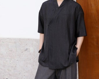 22314---Men's Cracked Mud Silk Short Sleeve Hanfu Shirt / Kimono Shirt, Handmade by OOZZ