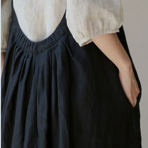 23222Women's Linen Pleated Overall Dress, Pinafore Dress in Black, Women's Summer Linen Apron Dress, Handmade by OOZZ image 5