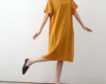 23421---Orangish Yellow Linen Dress, Short Linen Dress, Linen Tunic Dress, Made by OOZZ