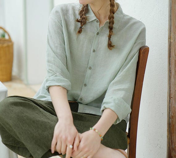 23244---Camicia in lino verde menta con maniche lunghe, camicia in