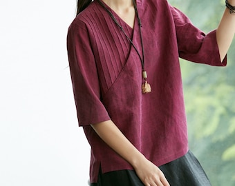 23601---Cracked Mud Silk Habatai Half Sleeve Tee in Pink, with Asymmetric Pin Tucks, Summer Silk Top, Handmade by OOZZ
