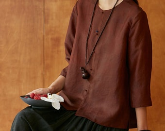 23609---Mud Silk Habatai 3/4 Sleeve Tee in Rusty Red, Summer Silk Top, Handmade by OOZZ