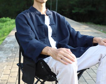 22161---Men's Navy Blue Linen Chinese Gong Fu Over Shirt, Cheongsam Jacket, Traditional Tang Jacket, Unisex Artist Shirt, Bruce Li Jacket.