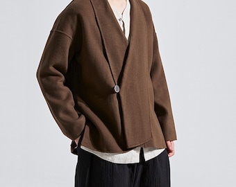 22356---Abrigo de cuello chal de lana de doble cara para hombre en color marrón, chaqueta/abrigo corto de lana de doble cara marrón para hombre, hecho a mano por OOZZ
