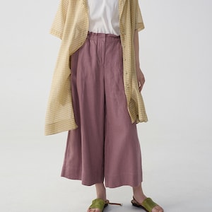 23252---Rusty Pink Loose Linen A-line Wide-Leg Pants, Linen Wide Leg Culottes with Pockets , Linen Lounge Pants, Linen Pull-on Pants