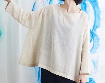 23403---Women's Oversized Washed Linen Blouse / Tunic Top in Beige Color, One Size Fits All, Made by OOZZ