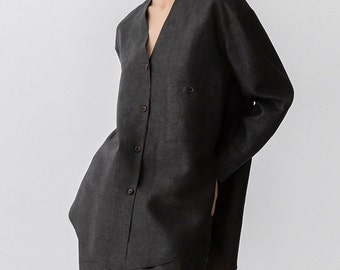 22214---Blusa Habatai de seda con cuello en V y efecto barro agrietado, camisa minimalista de seda con botones, camiseta de seda con estampado de gambas, hecha a mano por OOZZ