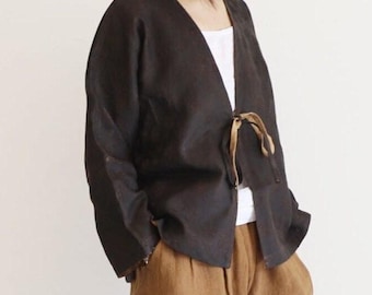 22141---Reversible Mud Dyed Spinning Silk Jacquard Kimono Jacket, Gambiered Silk Blazer, Handmade by OOZZ