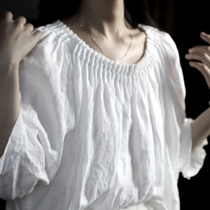 22107Delicate Pintucked Neckline High Count French Linen Blouse, Shirt, T-shirt, Top in Off White Color / OOZZ image 2