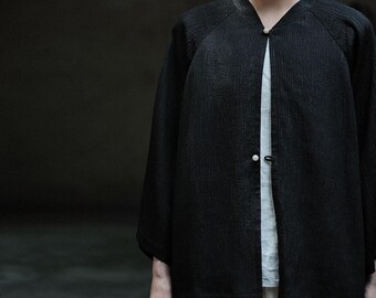 23414---Camisa con mangas de pulsera de mezcla de seda y rayón teñido con barro arrugado, chaqueta de seda de barro de verano, blusa Xiang Yun Sha, cárdigan de seda de barro