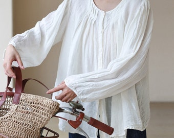 23228--- Women&#39;s White Crinkled Linen Pleated Dolman Blouse, Peasant Blouse, Artist Blouse, Poem Linen Shirt,  Handmade by OOZZ