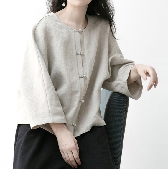 22903---厚手の亜麻リネンの中国製ブラウス、リネンシャツジャケット 