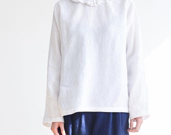 23408---White Linen Top with Pleated Collar, Linen Blouse, Basic Linen Top, Oversized Linen Top, Minimal Linen Blouse