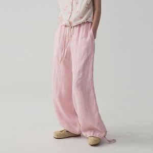 23253---Pink Linen Wide-Leg Pants, Linen Straight Pull-on Pants, Linen  Pants, Linen Drawstring Hem Trousers, Linen Casual Extra Long Pants