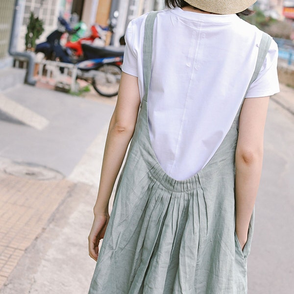 23222---Women's Linen Pleated Overall Dress, Pinafore Dress in Sage Green, Women's Summer Linen Apron Dress, Handmade by OOZZ